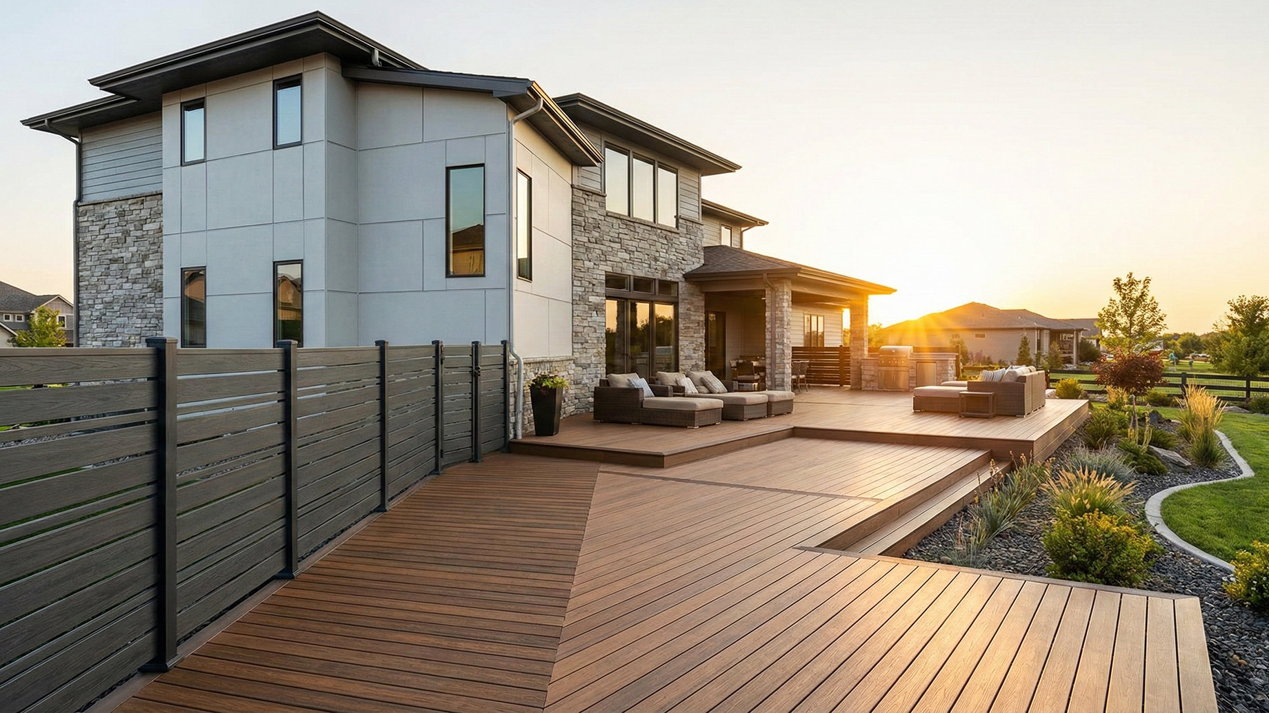 A wide-angle landscape photograph at sunset of a modern luxury home featuring an expansive, multi-level composite deck with comfortable lounge furniture and a dark grey, horizontal slat composite privacy fence, showcasing low-maintenance building materials. The house has a mix of stone and fiber cement siding, and the yard is landscaped with drought-resistant plants.