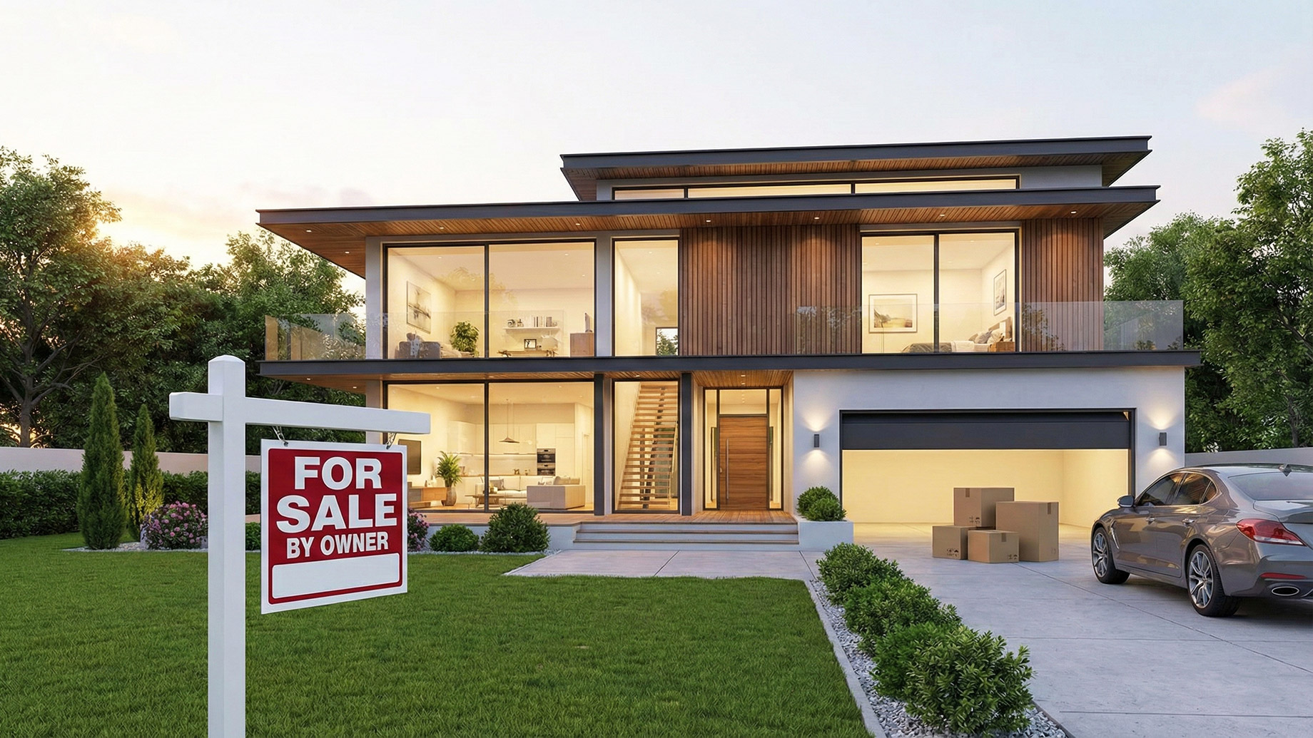 A contemporary luxury home at sunset features a prominent "For Sale By Owner" sign in the manicured front yard; moving boxes stacked near the garage and a vehicle in the driveway illustrate the ease and readiness of a direct home sale without a realtor.