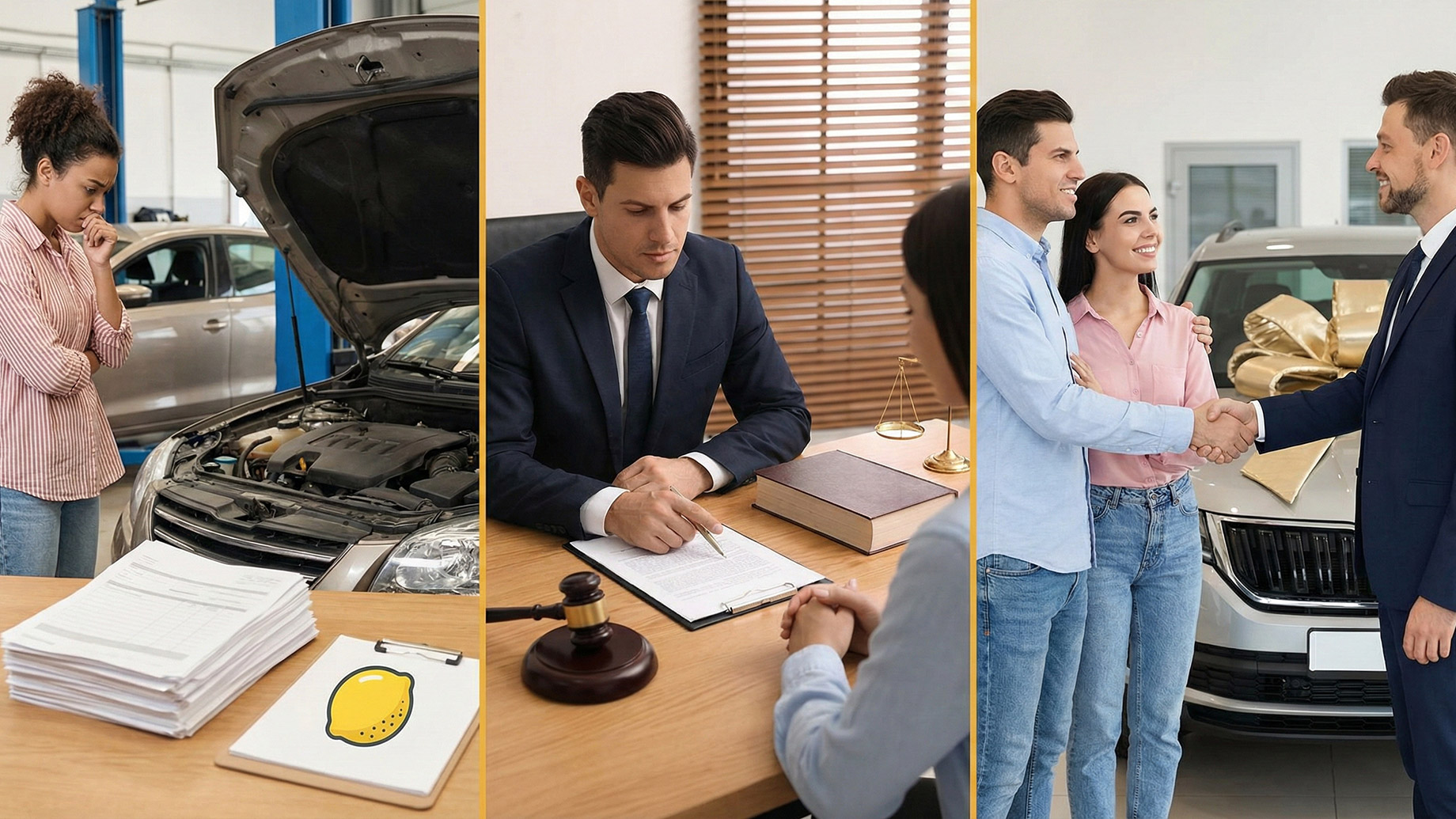 A split image showing three steps of a lemon law claim: a woman stressed over a broken-down car, a lawyer consulting with a client, and a happy couple receiving a brand-new replacement vehicle.