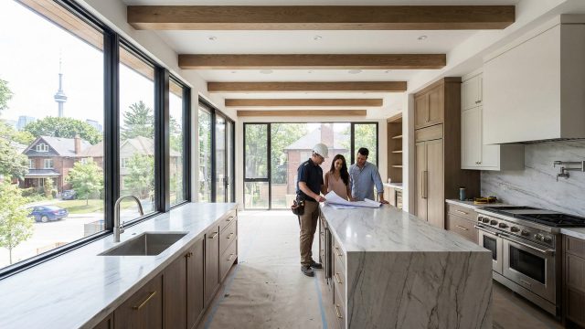 A contractor in a hard hat reviews blueprints with a couple at a large marble kitchen island in a modern Toronto home under renovation, featuring extensive windows with a view of the CN Tower and residential neighborhood.
