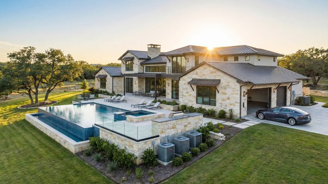 A sprawling luxury residence in the Texas Hill Country at sunset, showcasing high-energy amenities such as a large swimming pool, a bank of multiple HVAC units, and an electric vehicle charging station, illustrating the complex electricity needs of large properties (>4,000 sq. ft.).