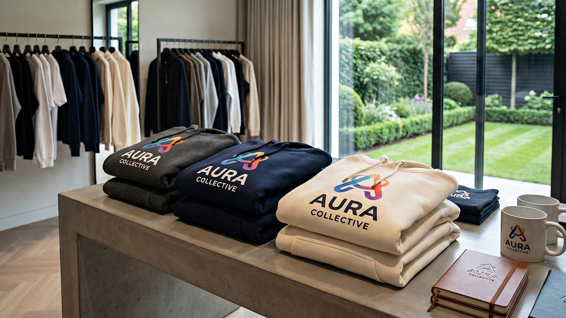 A display of high-quality "AURA COLLECTIVE" branded hoodies, mugs, and notebooks on a concrete table inside a modern luxury boutique with large windows overlooking a garden.