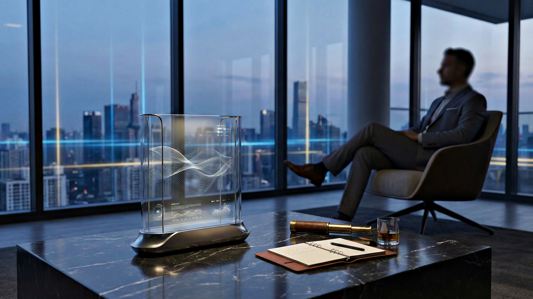 A sleek, futuristic transparent display showing undulating 3D data waves and financial graphs rests on a dark marble table, alongside a leather-bound notebook, a pen, a brass telescope, and a glass of amber liquid. In the soft-focus background, a man in a tailored suit sits comfortably in a modern lounge chair, looking out through floor-to-ceiling windows at a city skyline at twilight. The setting is a luxury high-rise apartment, emphasizing the intersection of elite wealth and proprietary information.