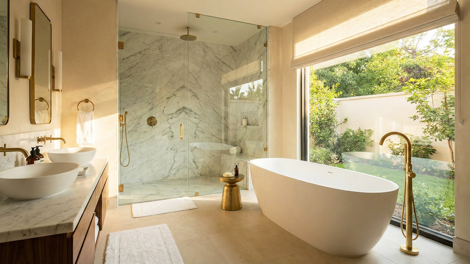A sunlit, luxurious bathroom featuring a modern white freestanding bathtub, a large glass-enclosed marble shower, and a double vanity with vessel sinks. Elegant gold plumbing fixtures accent the room, and a large floor-to-ceiling window offers a view of a lush, private green garden.