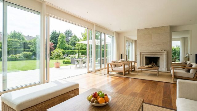 A sun-drenched luxury living room with large glass doors opening to a manicured garden, representing the peace of mind and cleanliness of a pest-free home.