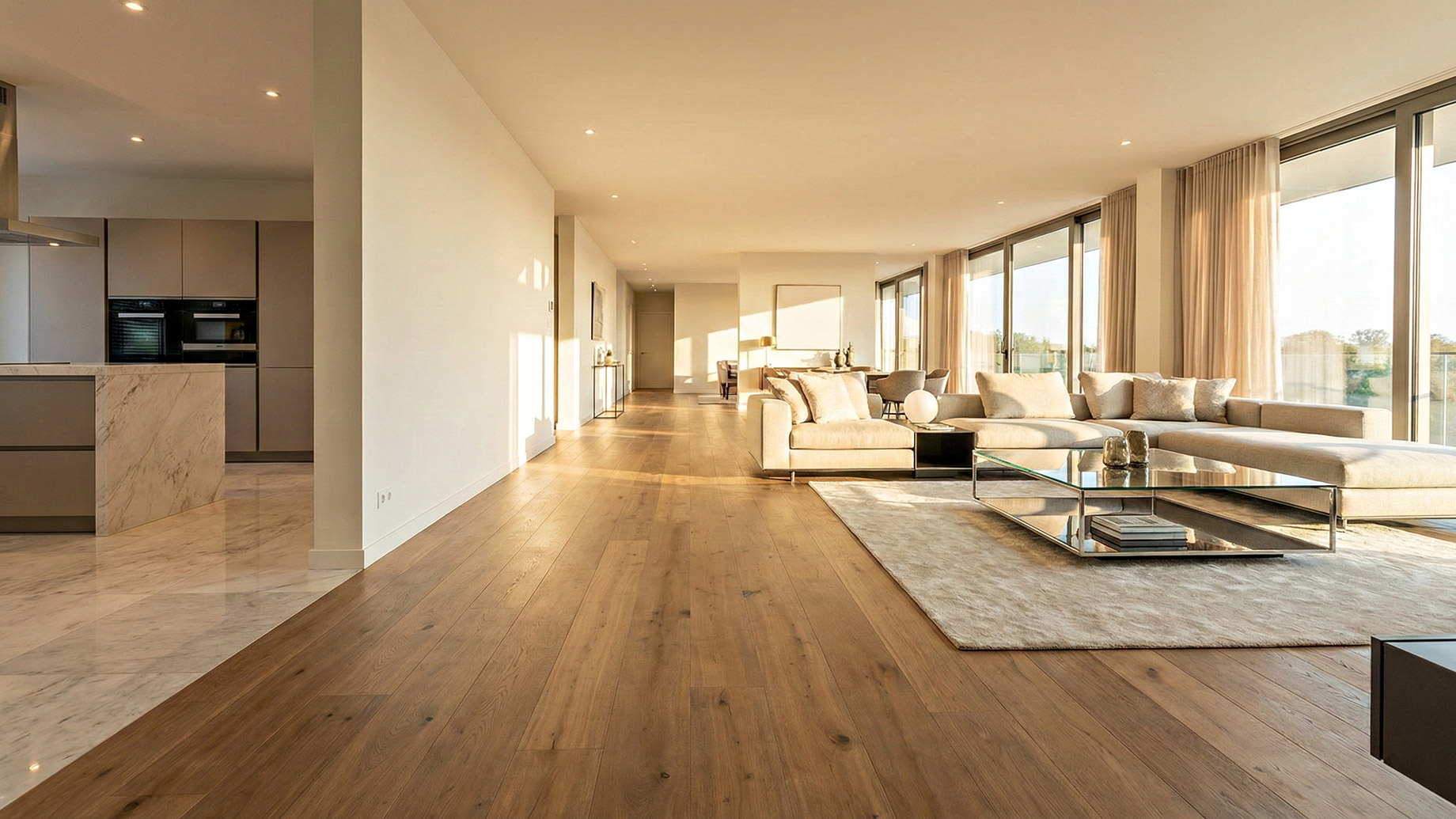 A sunlit, open-concept luxury living space featuring pristine wide-plank engineered hardwood floors that seamlessly transition to marble tile in the kitchen area. The room includes a modern sectional sofa, a glass coffee table, and large floor-to-ceiling windows.