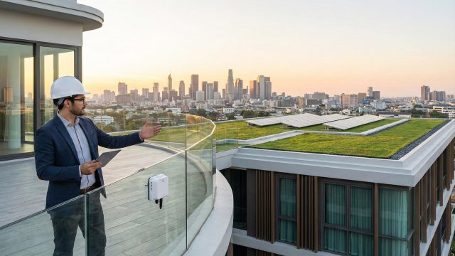 A professional wearing a hard hat and blazer holds a tablet while standing on a modern rooftop terrace at sunset, gesturing towards a city skyline. A green roof with solar panels and an air quality monitor mounted on the glass railing are visible in the background.