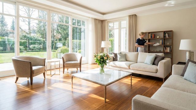 A pristine, sun-drenched luxury living room features gleaming wood floors, high-end furniture, and expansive windows overlooking a garden. In the background, a uniformed housekeeping professional carefully dusts a bookshelf, illustrating the thorough care that helps maintain a property's long-term condition and appeal.