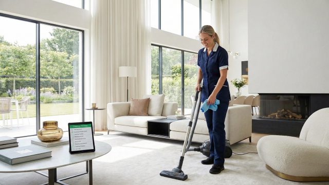 A professional cleaner in a navy blue uniform smiles while vacuuming a light-colored carpet in a bright, modern living room with large windows, while a digital cleaning checklist is displayed on a tablet in the foreground.