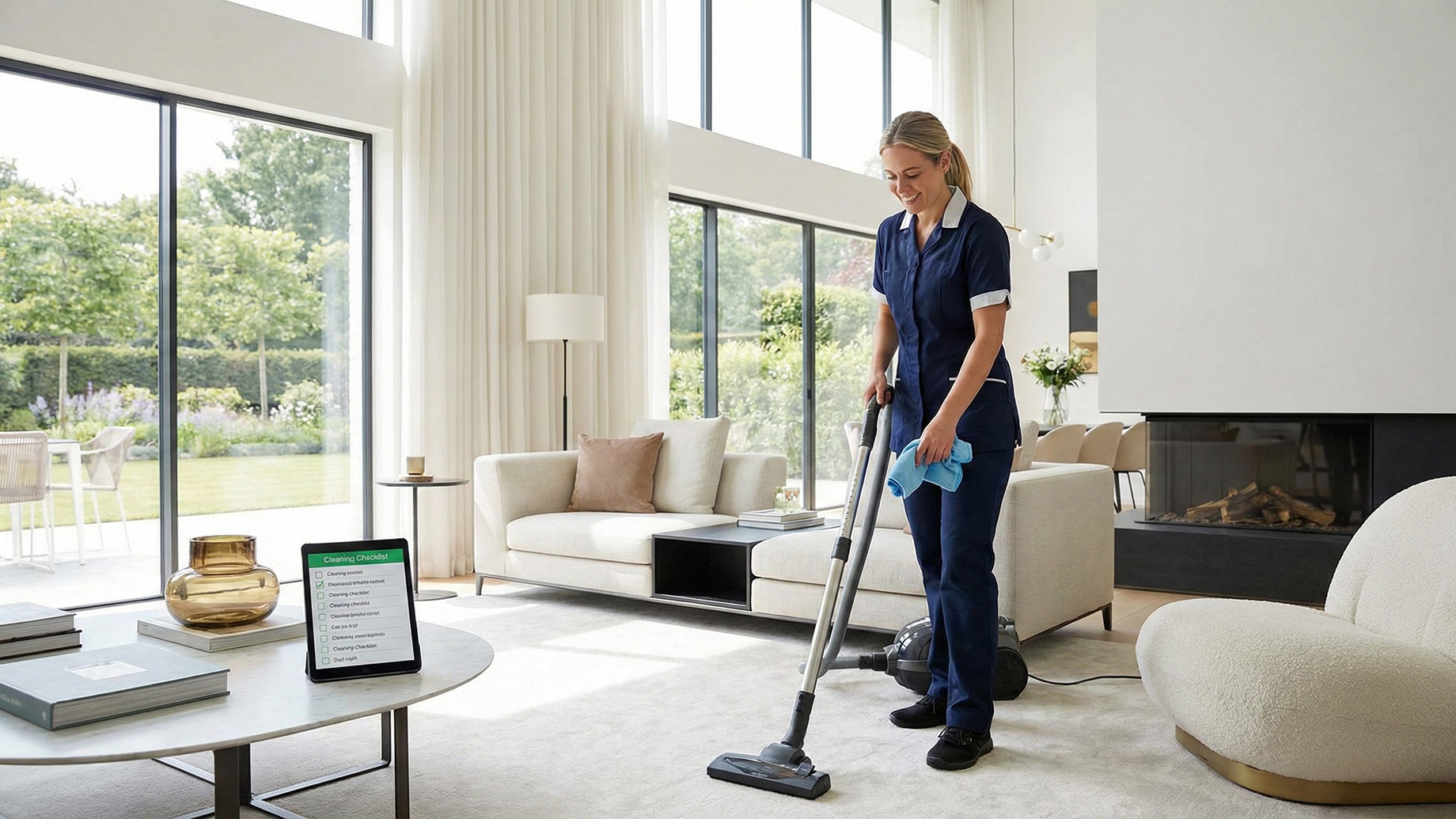 A professional cleaner in a navy blue uniform smiles while vacuuming a light-colored carpet in a bright, modern living room with large windows, while a digital cleaning checklist is displayed on a tablet in the foreground.