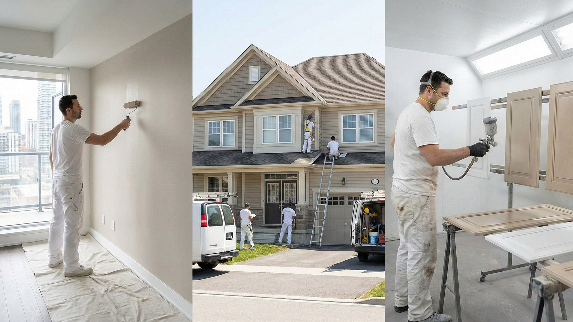 A three-panel image showcasing professional painting services. The left panel shows a painter rolling paint onto an interior wall in a modern condo. The center panel displays a team of painters working on the exterior siding and trim of a large suburban house. The right panel features a painter wearing a respirator mask using a spray gun to refinish detached cabinet doors in a workshop.
