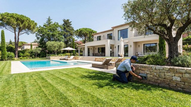 A uniformed pest control technician services a bait station integrated into a stone wall in the manicured garden of a modern luxury villa with a swimming pool.
