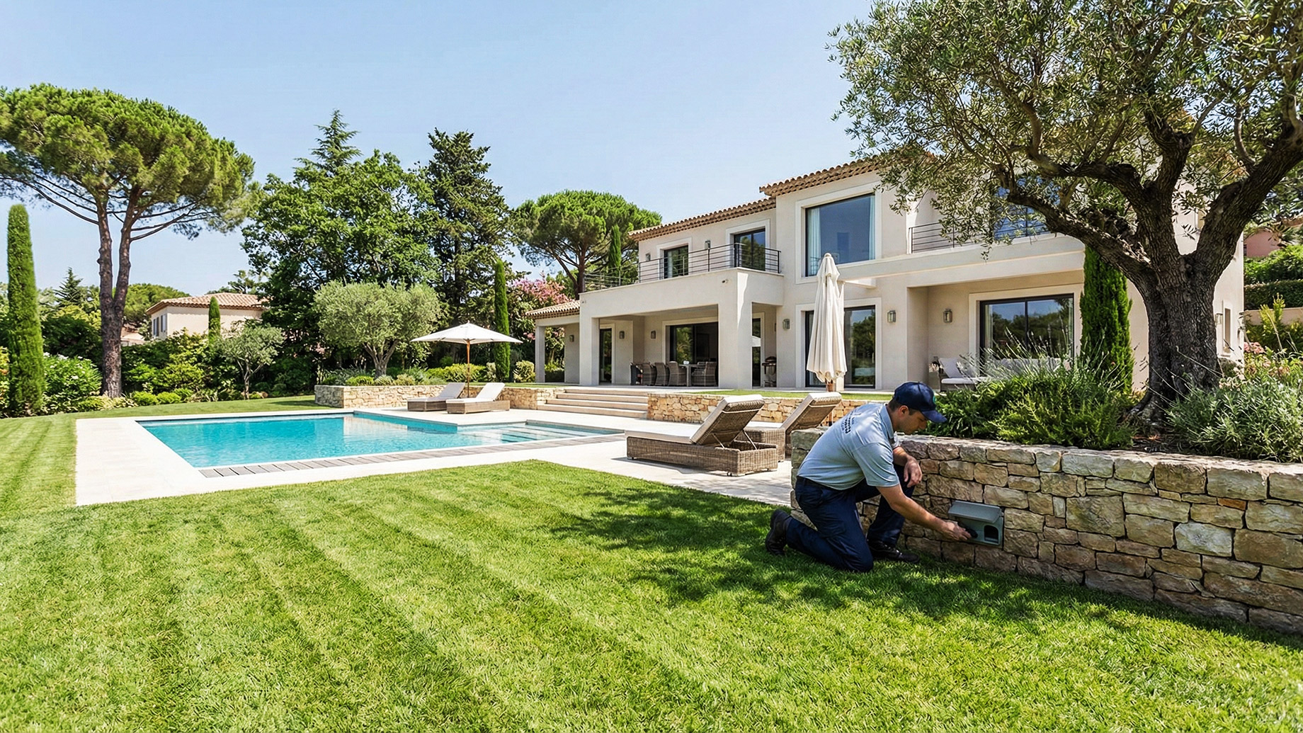 A uniformed pest control technician services a bait station integrated into a stone wall in the manicured garden of a modern luxury villa with a swimming pool.