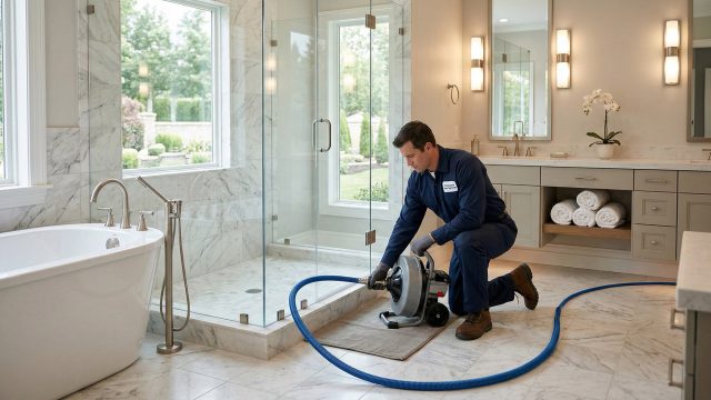 A male plumber in a blue uniform and gloves is kneeling on a polished marble tile floor, using a motorized drain cleaning machine with a blue hose to unclog the drain of a glass-enclosed walk-in shower. The large, bright, and luxurious bathroom features marble walls, a freestanding white bathtub on the left, a double vanity with mirrors and wall sconces, rolled white towels, a small orchid, and windows looking out onto a green garden. Natural light fills the room.