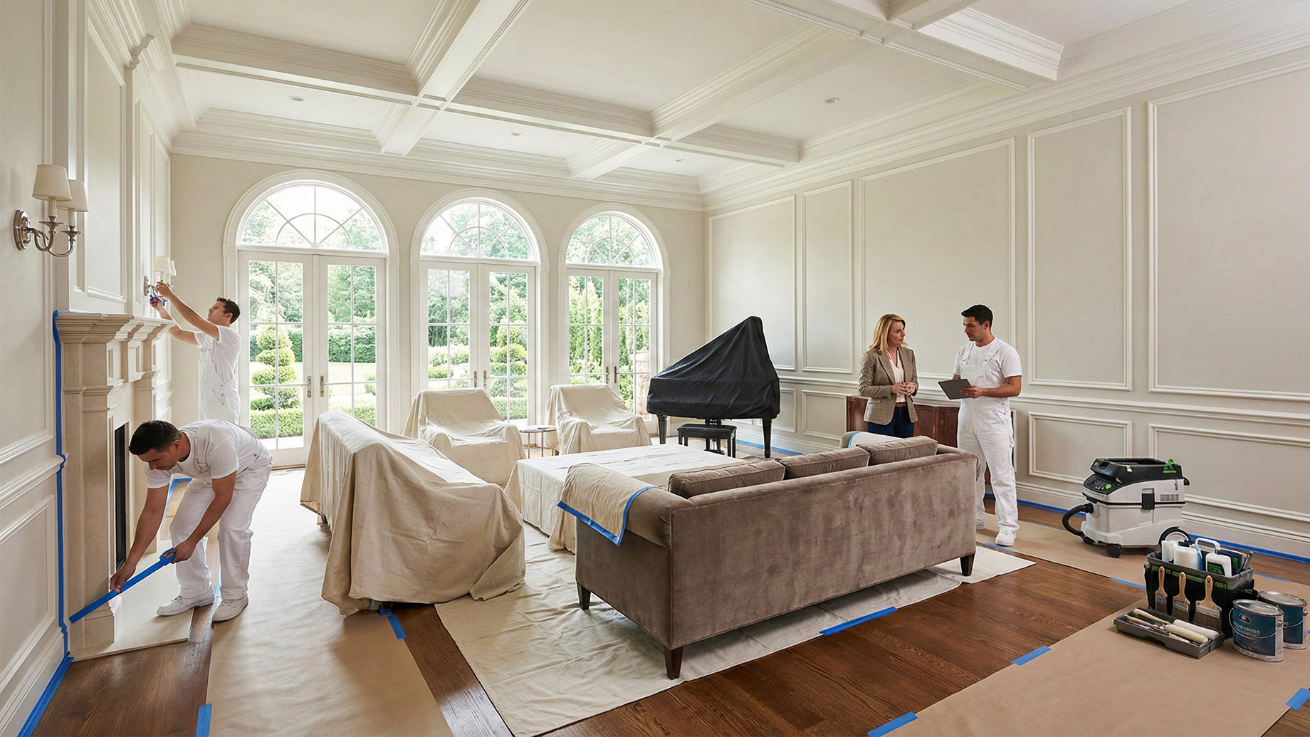 A spacious luxury living room being prepared for professional painters. Furniture is carefully covered with drop cloths and moved to the center of the room to clear the walls. A female homeowner consults with a lead painter holding a tablet, while another crew member applies blue painter's tape to a fireplace mantel, illustrating the initial stage of a high-end painting project.