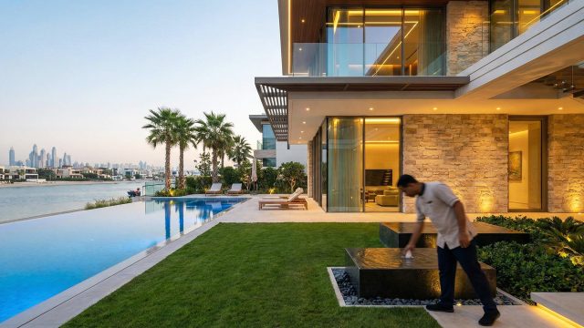 A uniformed staff member meticulously cleans a water feature in the manicured garden of a modern luxury villa at sunset, with an infinity pool and the Dubai skyline visible in the background.