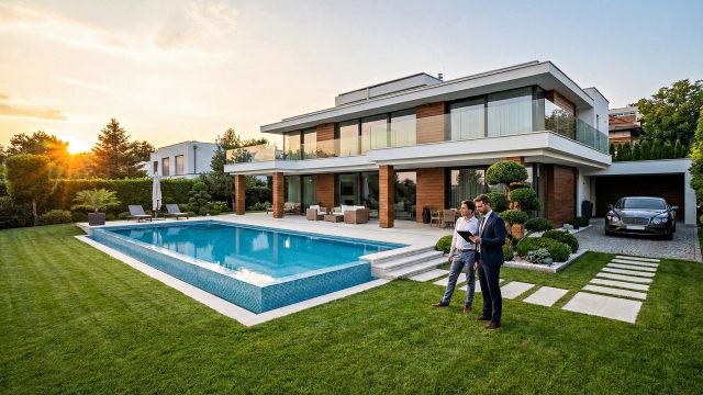 A property manager in a suit holding a digital tablet discusses maintenance details with a homeowner in the well-manicured backyard of a modern luxury rental home featuring a swimming pool and sunset views.