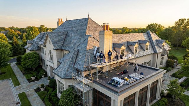 A team of professional roofing contractors working safely on scaffolding to repair a steep slate roof and chimney on a large luxury home, with roofing materials neatly staged on an adjacent flat roof.
