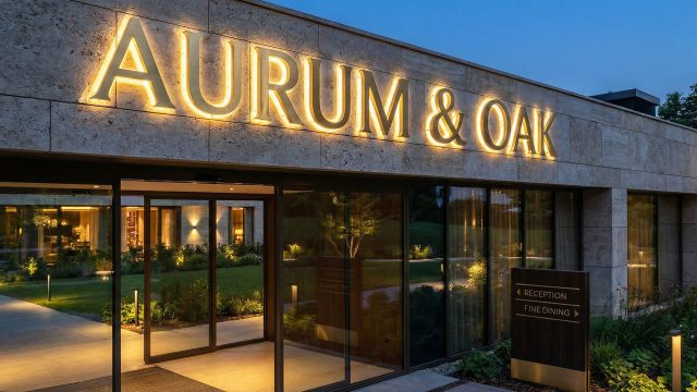 A twilight photograph of a luxury property's entrance, featuring a large, back-lit gold sign that reads "AURUM & OAK" mounted on a textured stone wall. The warm illumination and elegant design exemplify how high-quality signage establishes immediate credibility and a premium brand identity. A smaller wayfinding sign for "RECEPTION" and "FINE DINING" is also visible.