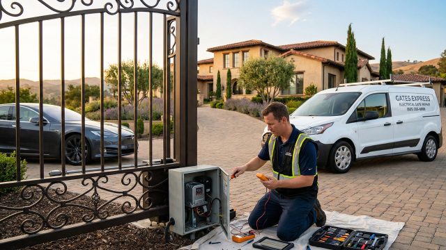 A gate repair technician in a high-visibility vest kneels on a drop cloth to test the electrical control box of a large wrought-iron driveway gate using a multimeter. A white service van and a luxury estate are visible in the background.