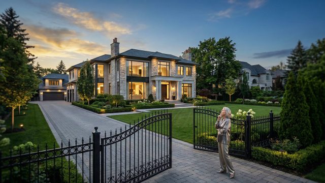 An older woman stands outside the gates of her beautiful estate at dusk, looking at her property and contemplating its future and her family's legacy.