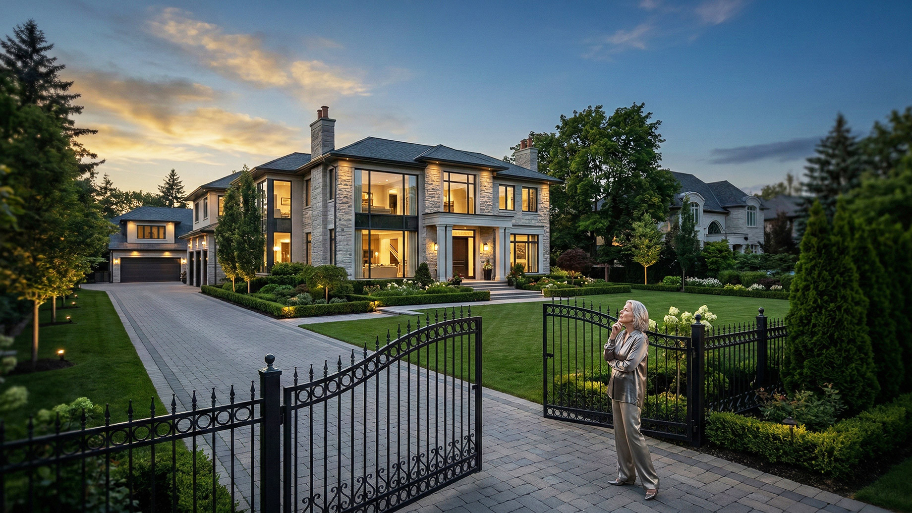 An older woman stands outside the gates of her beautiful estate at dusk, looking at her property and contemplating its future and her family's legacy.