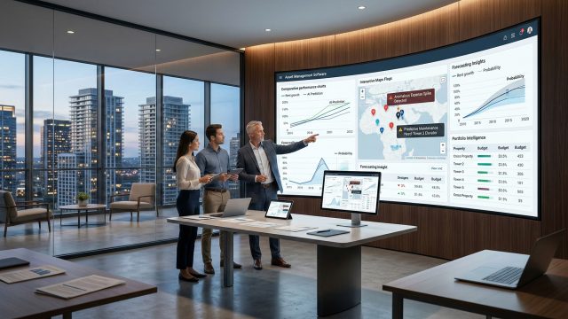 Three business professionals stand in a luxury high-rise office at dusk, analyzing data on a massive curved digital screen. The screen displays advanced real estate asset management software featuring AI predictions, interactive maps, forecasting insights, and portfolio performance charts.