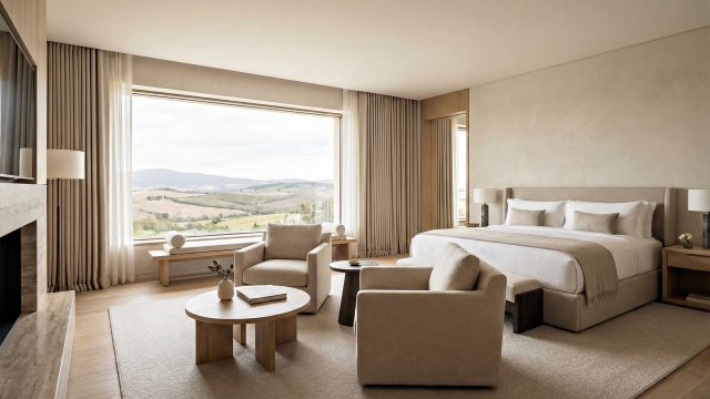 A wide-angle view of a spacious, serene luxury bedroom decorated in calming neutral tones. On the right, a large bed with crisp white and beige linens sits next to a minimalist light wood nightstand. The center of the room features a comfortable sitting area with two plush beige armchairs facing a round wooden coffee table on a soft, textured rug. To the left, a massive picture window offers a sweeping view of rolling green countryside hills. The space is illuminated by soft, natural light, highlighting the light wood flooring and elegant, uncluttered design.