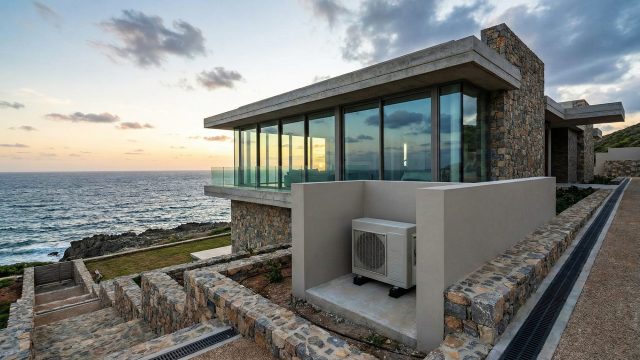 A luxury modern concrete and stone villa on a coastal cliff at sunset, featuring large windows overlooking the ocean. A ground-mounted HVAC unit is secured on a concrete pad behind a protective wall, and stone-lined drainage channels are integrated into the terraced landscaping.