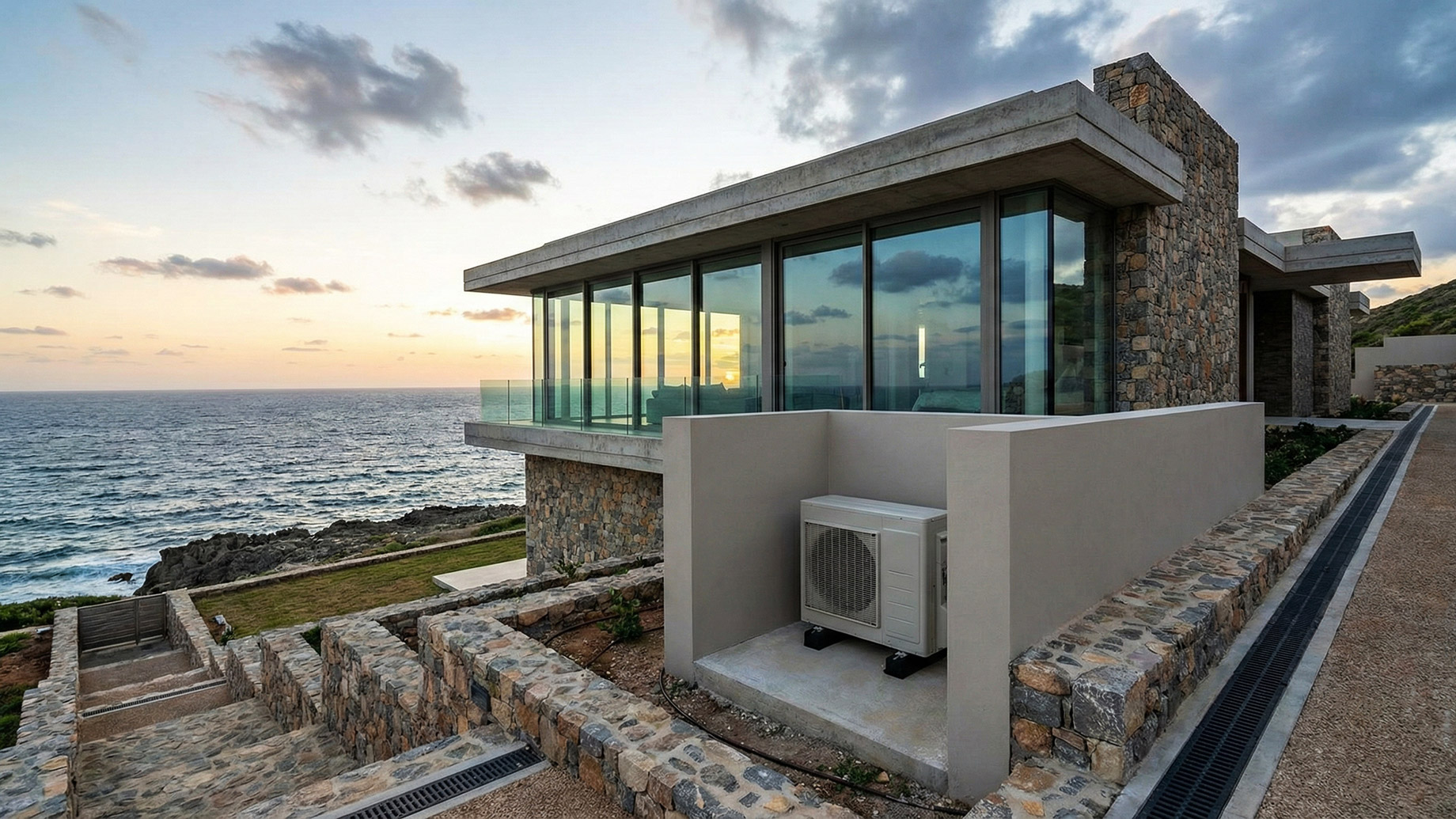 A luxury modern concrete and stone villa on a coastal cliff at sunset, featuring large windows overlooking the ocean. A ground-mounted HVAC unit is secured on a concrete pad behind a protective wall, and stone-lined drainage channels are integrated into the terraced landscaping.