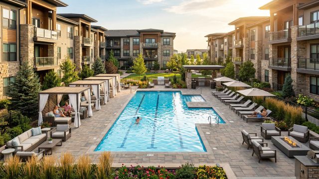 An overhead view of a sunny apartment courtyard at golden hour. A large rectangular pool with swim lanes sits in the center, surrounded by a paved deck. The deck features white curtained cabanas on the left, lounge chairs with umbrellas on the right, and a modern fire pit with seating in the foreground.