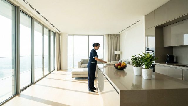 A uniformed professional cleaner dusts a kitchen island countertop in a sunlit modern luxury apartment with large floor-to-ceiling windows overlooking a city.