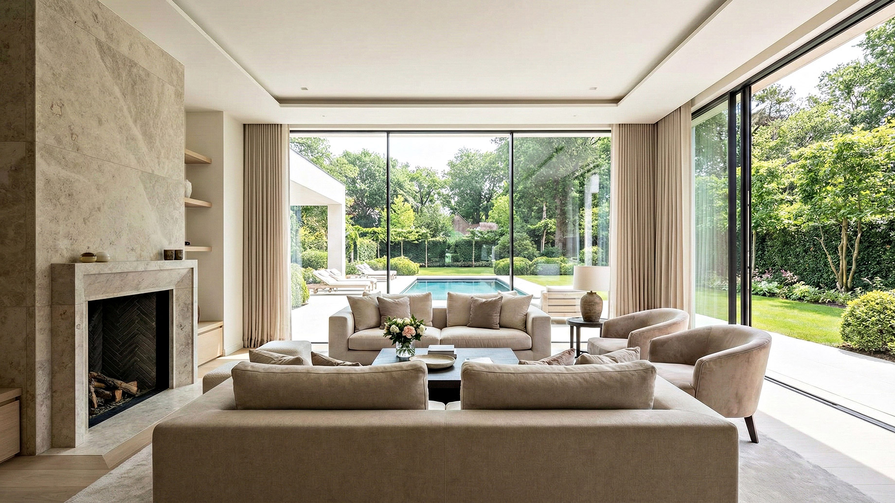 A bright and peaceful luxury living room featuring neutral furniture, a stone fireplace, and wide glass doors opening to a backyard pool, evoking a sense of calm and confidence in home selling.