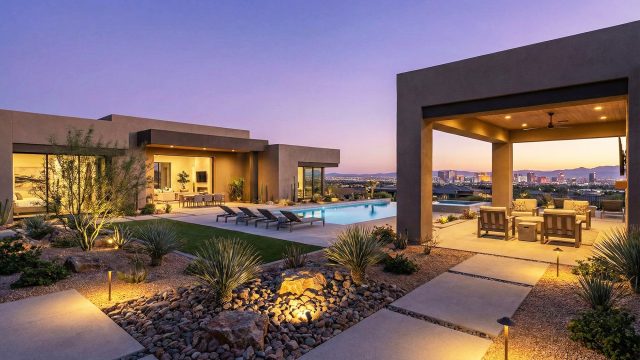 A contemporary luxury residence in Las Vegas shown at twilight, featuring desert landscaping with illuminated pathways, a pristine pool, and a large covered patio overlooking the distant city skyline, illustrating effective exterior presentation for potential buyers.