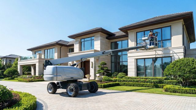 A worker in a harness uses a telescopic boom lift to clean a second-story window of a large luxury residence with manicured gardens, illustrating the practical application of aerial work platform rentals for property maintenance.