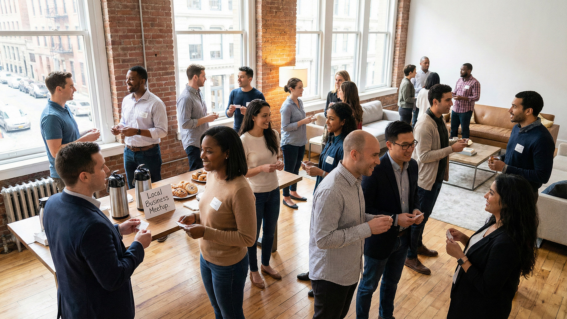 A diverse group of small business entrepreneurs and professionals actively engaged in conversation and exchanging business cards at a casual "Local Business Meetup" held in a sunlit, modern loft space with exposed brick walls.
