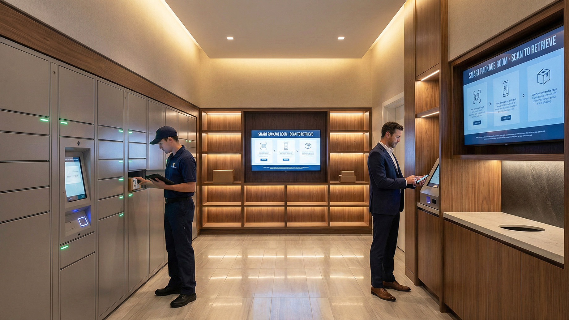 A wide-angle photograph of a luxurious, modern apartment building's package room featuring a large bank of smart lockers and built-in wooden shelving. A delivery person in a uniform is placing a package into a locker, while a man in a suit uses a touchscreen kiosk. Large digital screens display instructions for the "SMART PACKAGE ROOM."