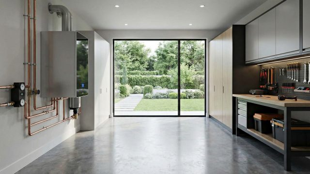 A pristine, high-end mechanical room. On the left wall, a modern stainless steel wall-mounted boiler is connected to neatly arranged copper piping and digital gauges. To the right is a well-organized workbench with tools and sleek storage cabinets. Polished concrete floors lead to a large sliding glass door in the center, revealing a manicured green garden outside. The room is brightly lit and immaculately clean.