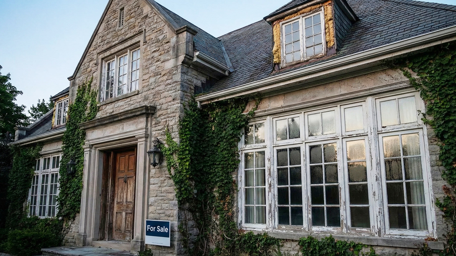 An exterior view of a large, older stone house at dusk, with a "For Sale" sign placed in the front yard. The windows show peeling paint and condensation, and exposed insulation is visible around a dormer window on the roof, indicating deferred maintenance. Ivy grows on parts of the stone facade.