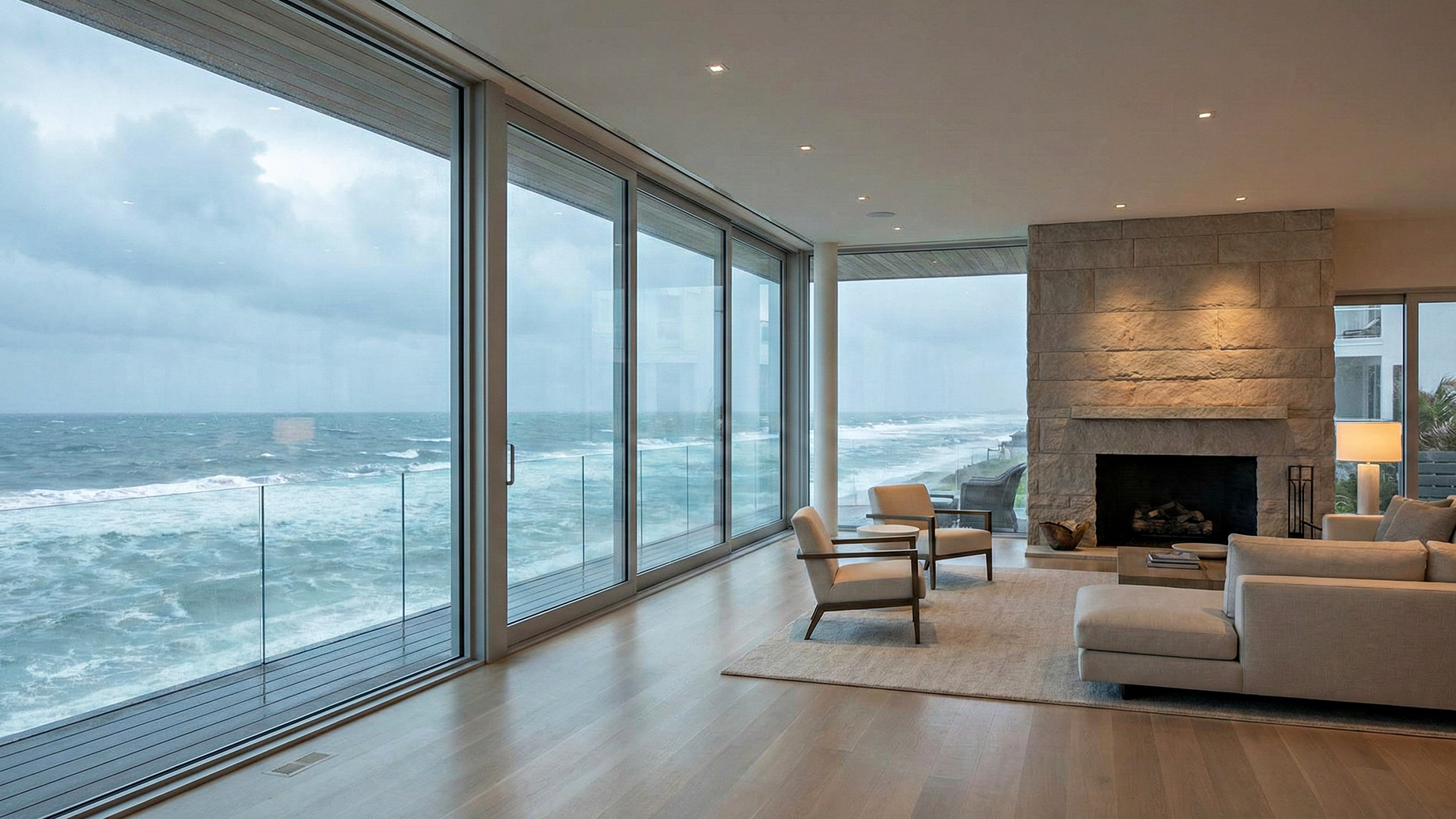 A view from inside a high-end living room looking out through large impact-resistant glass doors at a rough, stormy sea; the interior remains peaceful and elegant with neutral tones and a stone fireplace, highlighting the insulation and security offered by modern impact windows against severe weather.