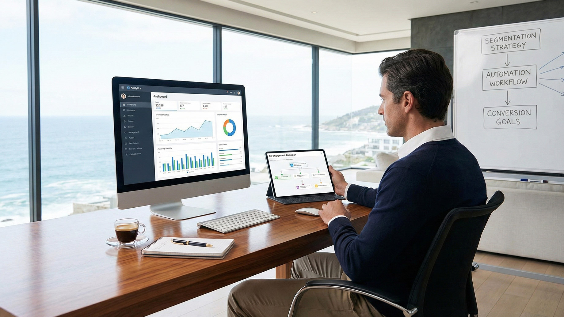 A man in a modern oceanfront office works on a re-engagement campaign strategy. He is viewing a marketing dashboard with charts on a desktop monitor and a detailed automation workflow diagram on a tablet. A whiteboard behind him outlines the strategy with boxes for Segmentation Strategy, Automation Workflow, and Conversion Goals.