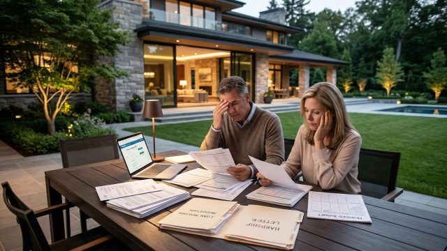 A stressed couple sits at an outdoor table of a luxury property, looking overwhelmed as they sort through large piles of financial documents, loan modification folders, and a laptop.