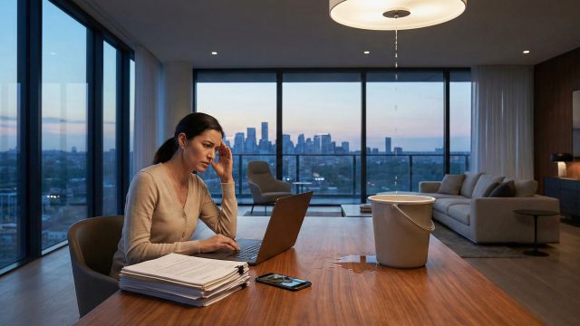 A worried woman sits at a wooden table in a high-rise luxury apartment with a city skyline view at twilight, looking at her laptop next to a stack of documents and a bucket catching water leaking from the ceiling light fixture.
