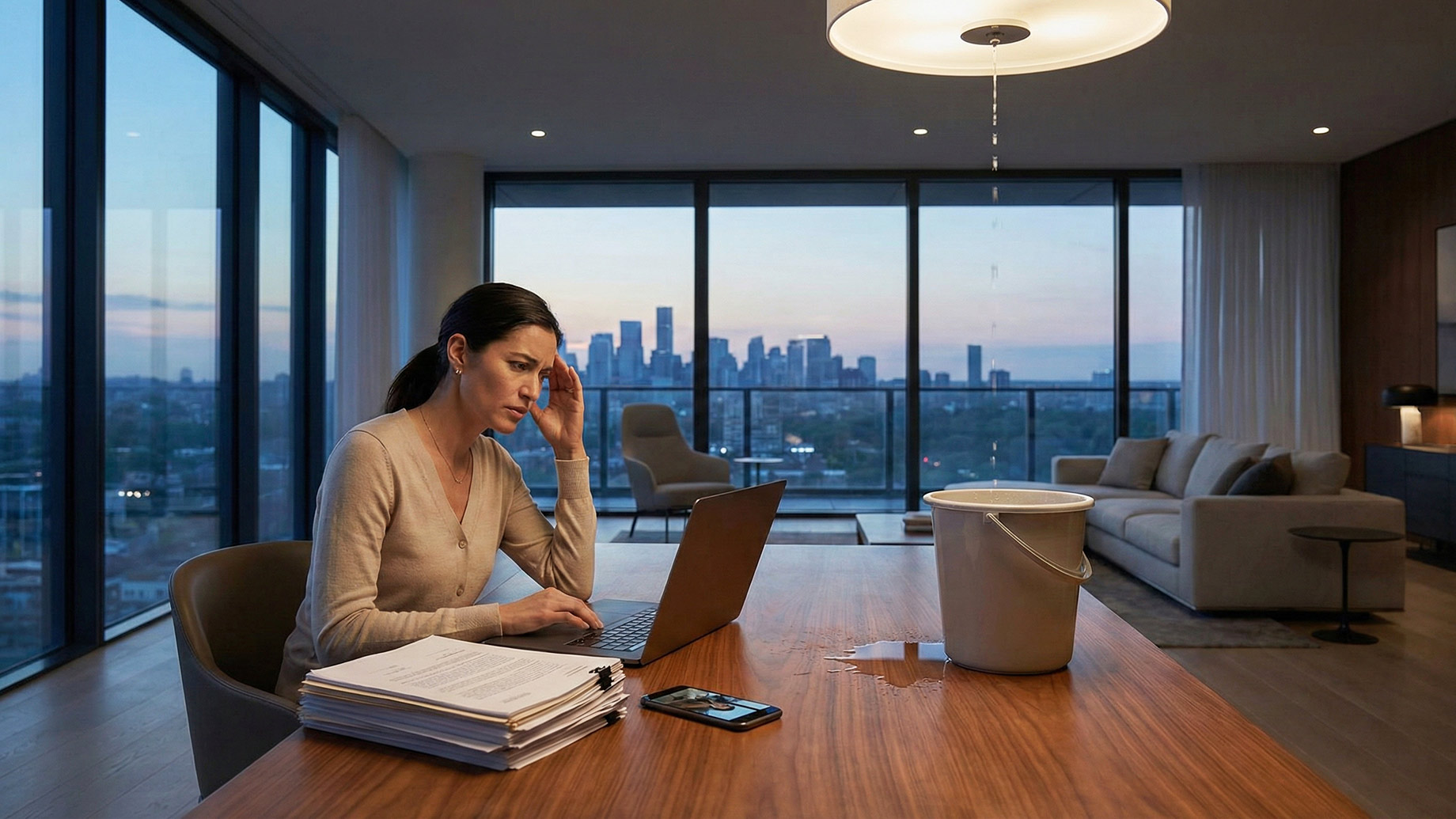 A worried woman sits at a wooden table in a high-rise luxury apartment with a city skyline view at twilight, looking at her laptop next to a stack of documents and a bucket catching water leaking from the ceiling light fixture.