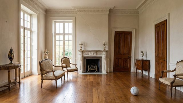 An elegant living room showing signs of foundation issues, including a prominent diagonal wall crack above a fireplace, a misaligned wooden door, and a marble ball resting on a hardwood floor.