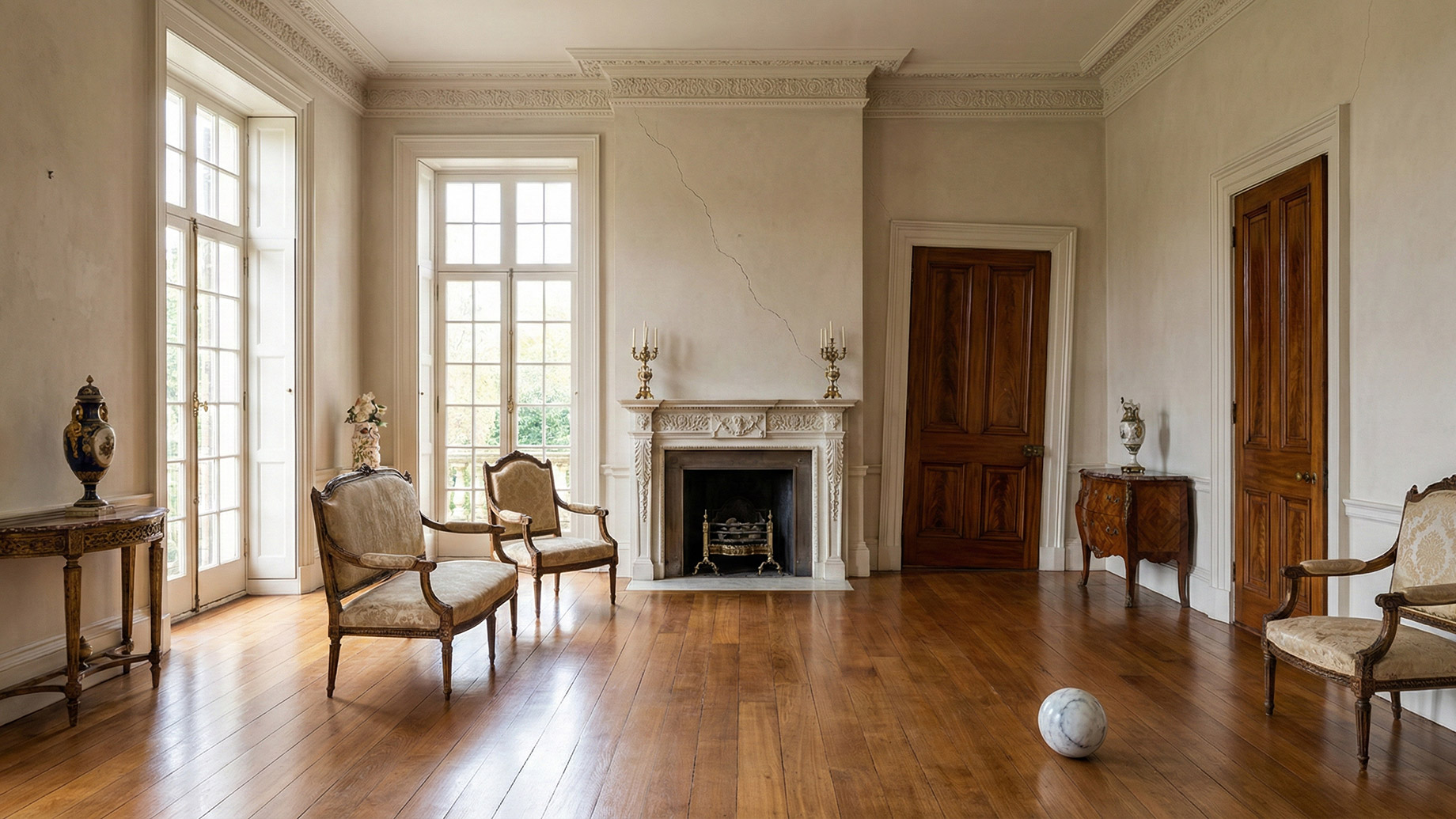 An elegant living room showing signs of foundation issues, including a prominent diagonal wall crack above a fireplace, a misaligned wooden door, and a marble ball resting on a hardwood floor.