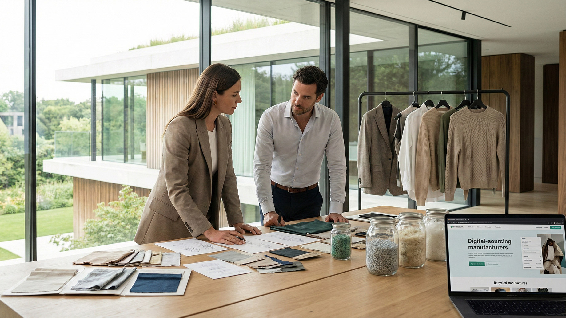 Two fashion professionals, a woman and a man, stand at a large wooden table in a modern, sunlit office. They are reviewing sketches and fabric swatches, with glass jars of recycled material pellets and a laptop displaying a digital sourcing platform for manufacturers. A rack of neutral-toned garments hangs in the background near large windows overlooking a green landscape.