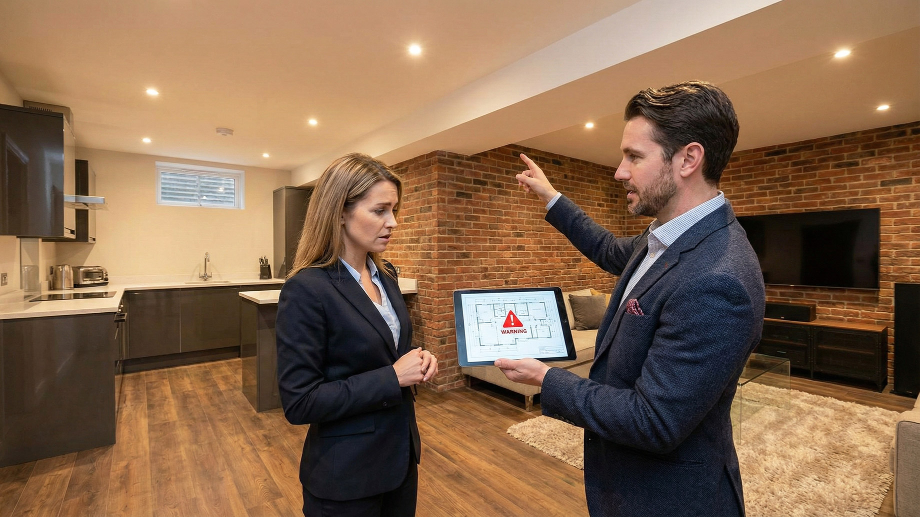 A professional in a suit holds a tablet displaying a floor plan with a red warning triangle and points upwards to a low ceiling beam in a finished basement apartment, discussing a potential code violation with a concerned woman.