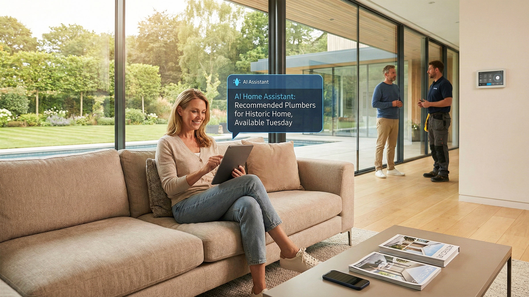 A homeowner sits on a sofa in a modern luxury living room, using a tablet to consult an AI assistant for home repairs. A digital graphic overlay displays an AI chat interface providing specific plumber recommendations. In the background, a partner speaks with a uniformed service professional near a large floor-to-ceiling window.