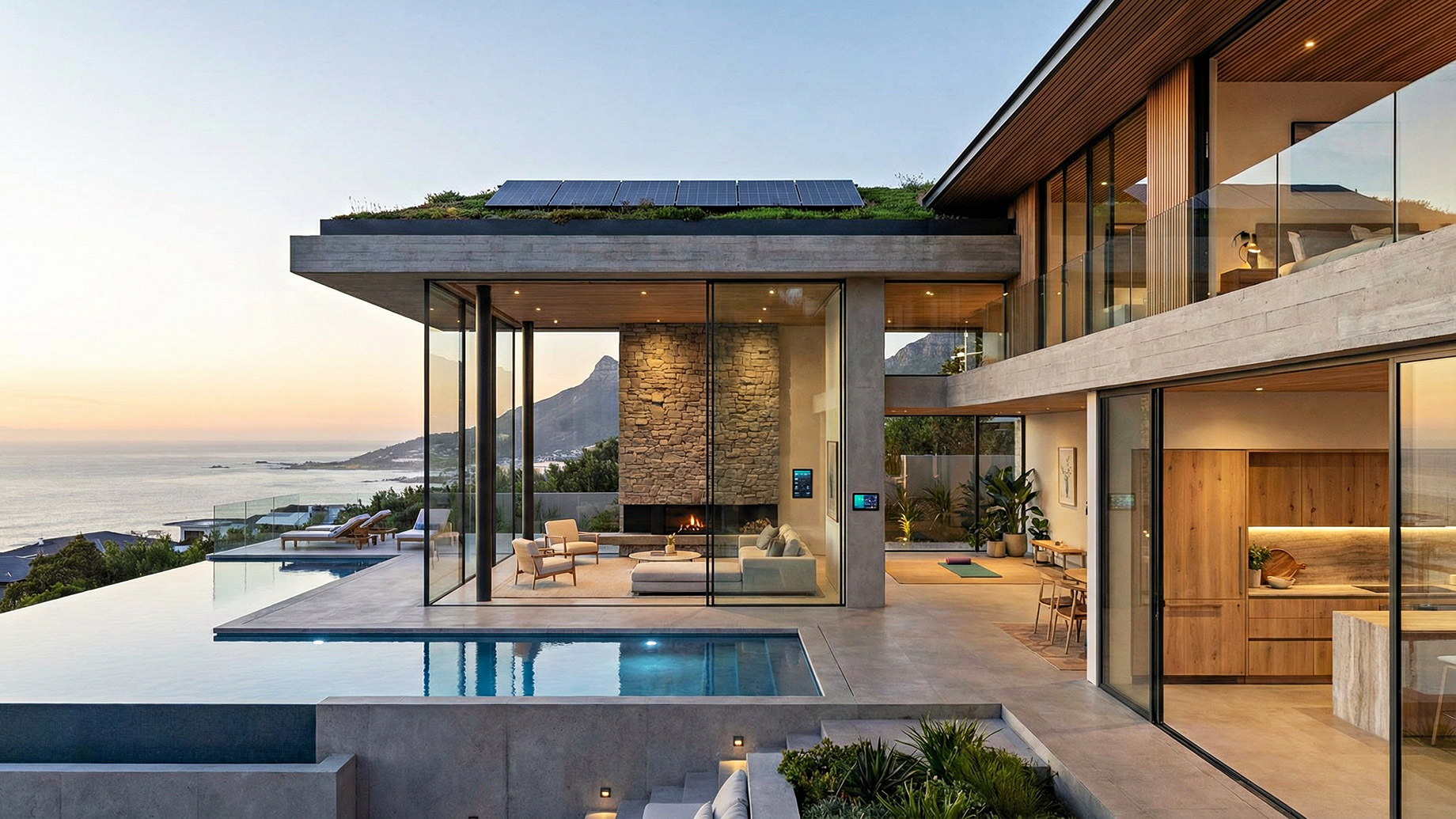 A wide-angle landscape photograph of a multi-level contemporary luxury home at sunset, featuring an infinity pool overlooking the ocean, extensive floor-to-ceiling glass walls that blur indoor-outdoor living, a green roof with solar panels, a dedicated wellness space with a yoga mat, and a modern open-plan living area with a stone fireplace and integrated smart home technology.